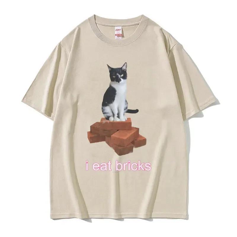 Men Fashion Clothing T-shirt O-Neck Sleeve T Shirts I Eat Bricks Cute Cat Funny Meme Graphic T-Shirt Summer Aesthetic Clothes