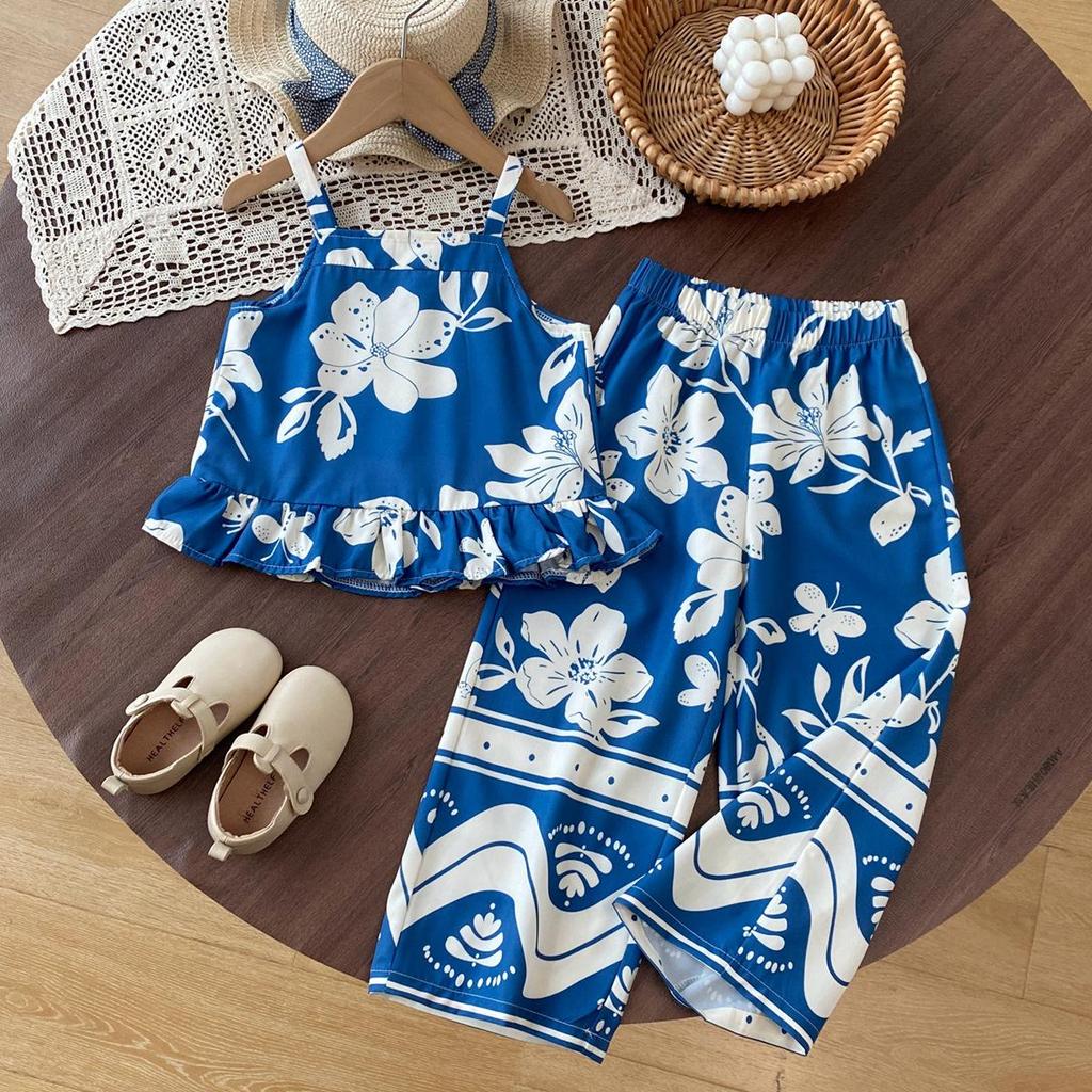 Girls' Summer Blue Floral Vacation Set with Spaghetti Strap Top & Straight-Leg Pants