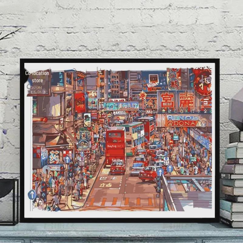 DIY Hong Kong Street Scene Digital Oil Painting - Hand-Painted Landscape for Coloring and Relaxation