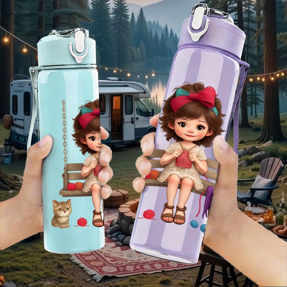 1PC Little Girl Swing Cartoon 750ml Color Plastic Sports Water Bottle Leakproof Flip Straw Lid Suitable for Sports Office Home Use