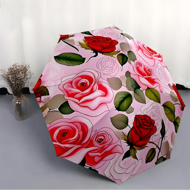 1pc Roses Pattern Automatic Opening/Closing Umbrella with Operation & Windproof Canopy - Folding Design, Holiday Gift Yy260225176