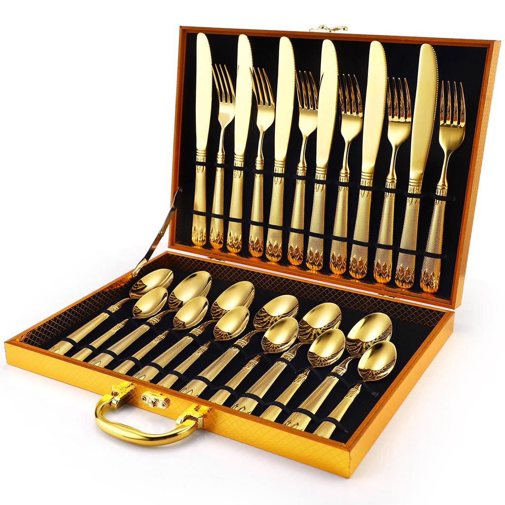 304 Stainless Steel Tableware Set 16/24 Piece Set Hotel Home Retro Relief Knife Fork Spoon Gold Gift Box