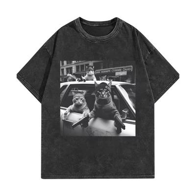 Lustige Katzenbande Meme Grafik T-Shirts Herren Damen Mode Vintage Gewaschene T-Shirts Sommer Hohe Qualität Baumwolle Übergroße T-Shirts
