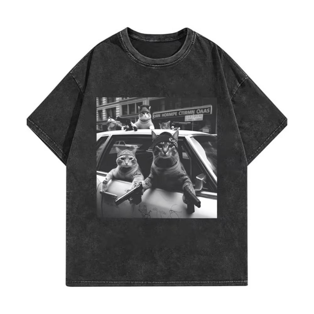 Lustige Katzenbande Meme Grafik T-Shirts Herren Damen Mode Vintage Gewaschene T-Shirts Sommer Hohe Qualität Baumwolle Übergroße T-Shirts