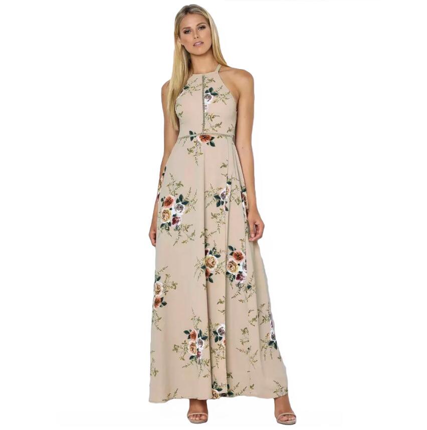 Women Halter Neck Chiffon Dress Floral Print Sleeveless Split Backless Long Dress Boho Dress