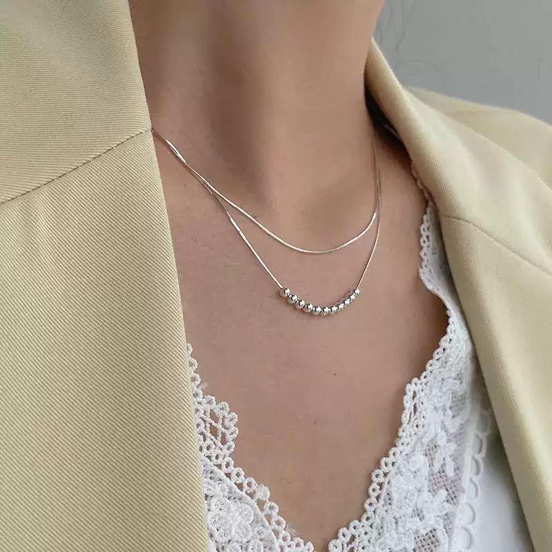 Double-Layer Minimalist Round Bead Necklace for Women - Elegant Clavicle Chain In Trendy Cold Ins Style