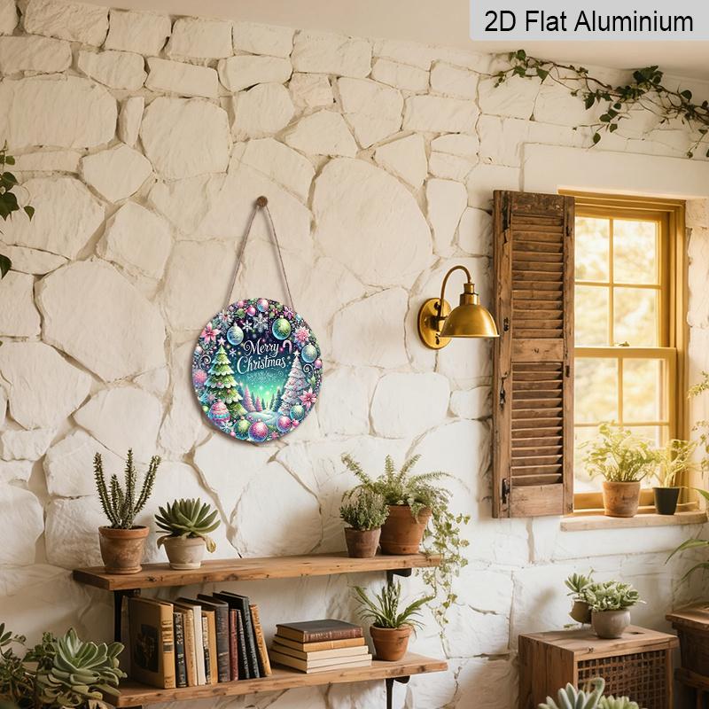 2D Flat, 1pc Vintage Round Aluminum Hanging Sign - Pink/Purple/Green Wreath Center Metal Decoration with "Merry" Text, Durable Indoor/Outdoor Holiday
