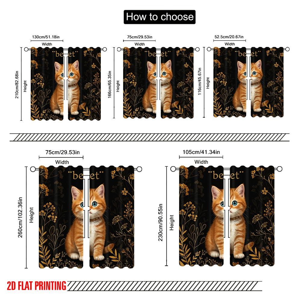 2pcs 2D Flat Printing Drapes Orange Tabby Kitten Floral Polyester Without Electricity Party Decorations Use for Decorations