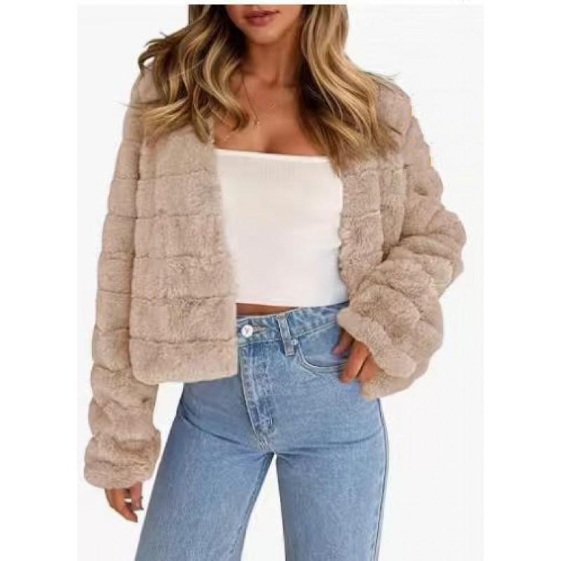 Womens V-Neck Short Faux Fur Coat