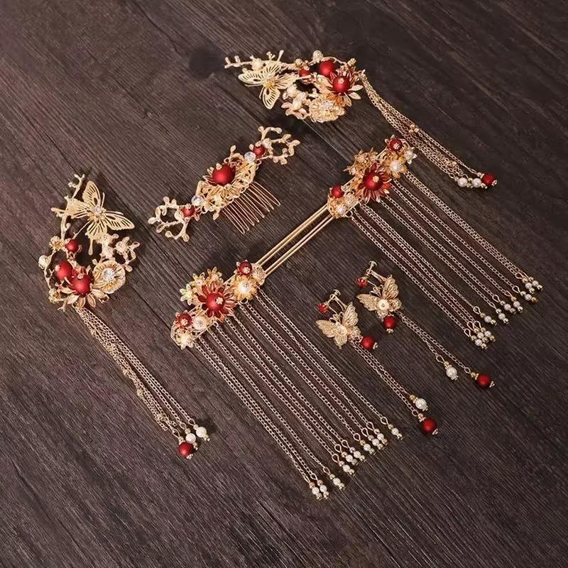 Vintage Bridal Headpiece Set Gorgeous Jewelry Headwear Tassel Hairpins Wedding Headpieces Chinese Phoenix Crown Headpieces