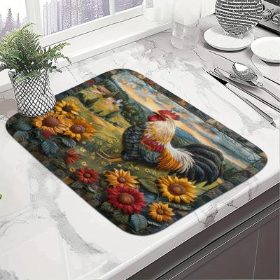 1Pcs Sunflower Rooster Printed Rubber Drying Mat For Coffee Shop Kitchen Carpet Tableware Durable Diatom Mud Table Mat Pet Coffeeware Mat