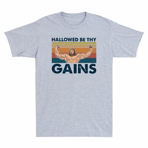 Retro Jesus Gymer Hallowed Be Thy Gains Vintage Funny Men Short Sleeve T-shirt XXL