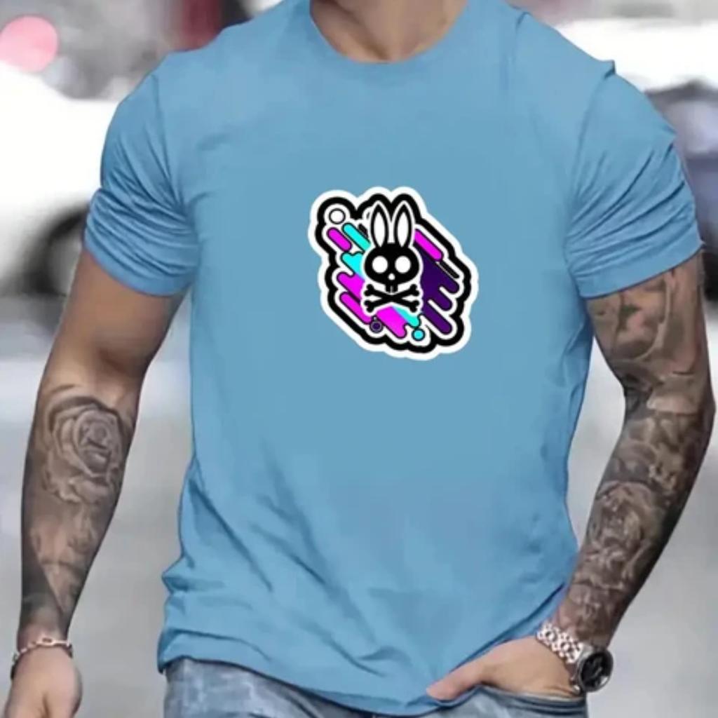 Men's colorful rabbit logo printed T-shirt, hip-hop trend Harajuku street clothing, round neck short sleeved casual top,