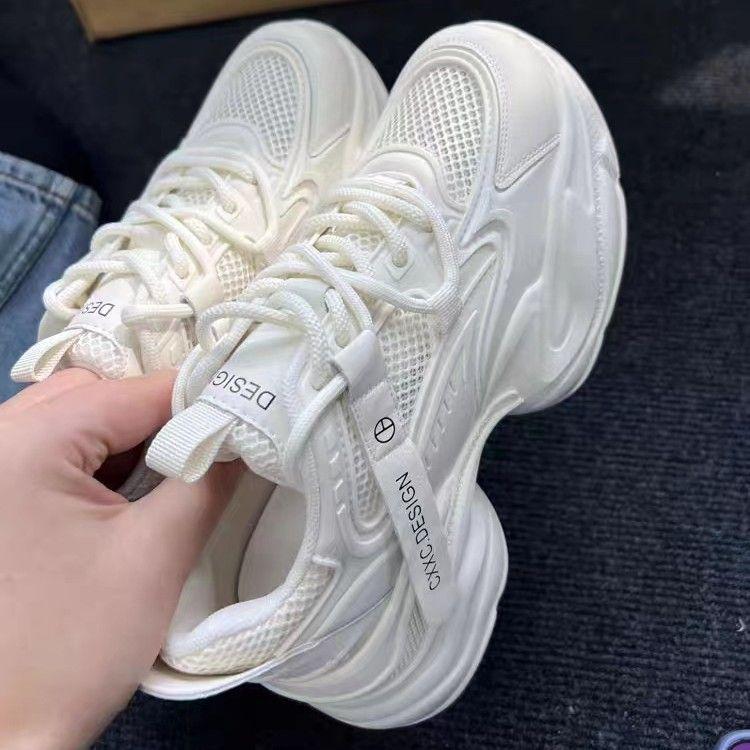 JDNVH Platform Dad Shoes Women's Inner Height Increase 2025 New Spring Mesh Breathable Women's Shoes Little White Sports Shoes Women