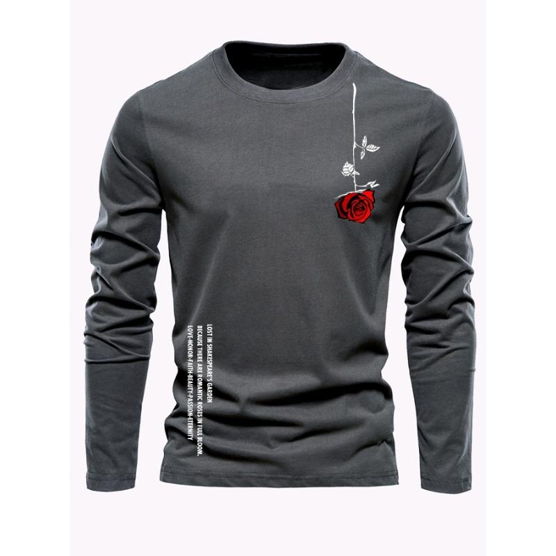 Herren langärmliges rundhalsiges lockeres lässiges T-Shirt-Oberteil mit Rosen-Buchstaben-Aufdruck für Frühling und Herbst, vielseitig