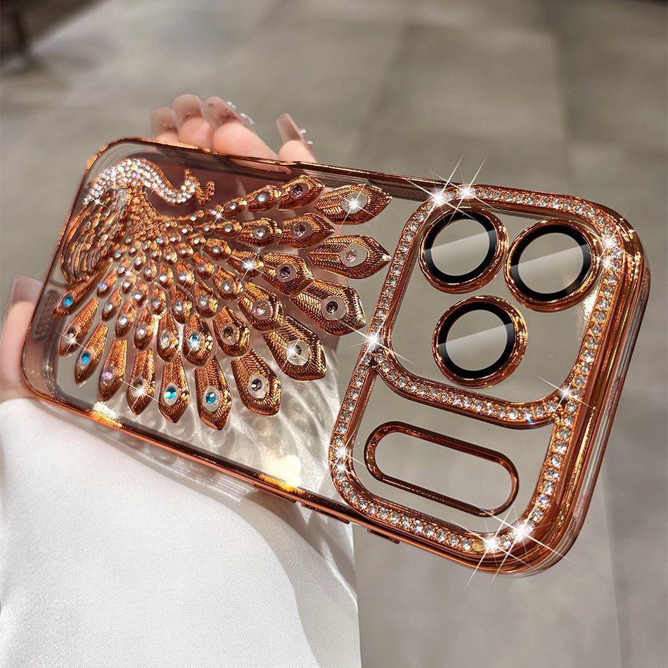 Luxury Plating Peacock Glitter Diamond Phone Case for 17 Pro Max Air 17 Pro 16 15 14 13 Soft Clear TPU Lens Film Cover