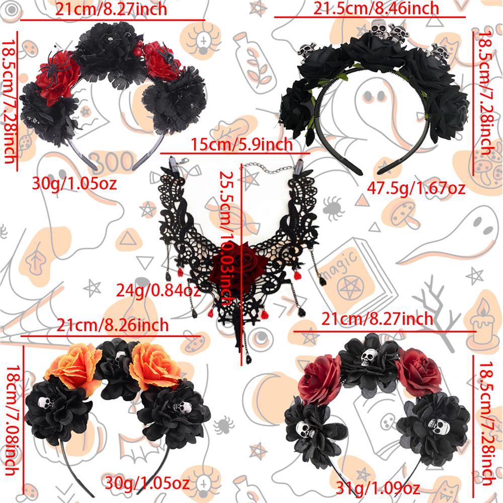 Skull Rose Hair Bands & Necklace Set Novelty Day of The Dead Headpiece for Women