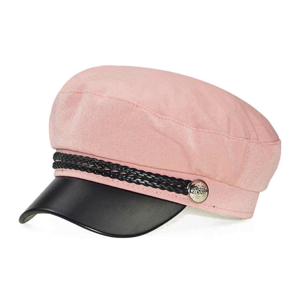 Fashion PU Leather Military Hat Sailor Hats For Women Flat Top Captain Cap Travel Cadet Hat