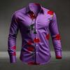 Men's Red Rose Printed Long Sleeved Shirt with White Casual Button Up Top for Romantic Occasions