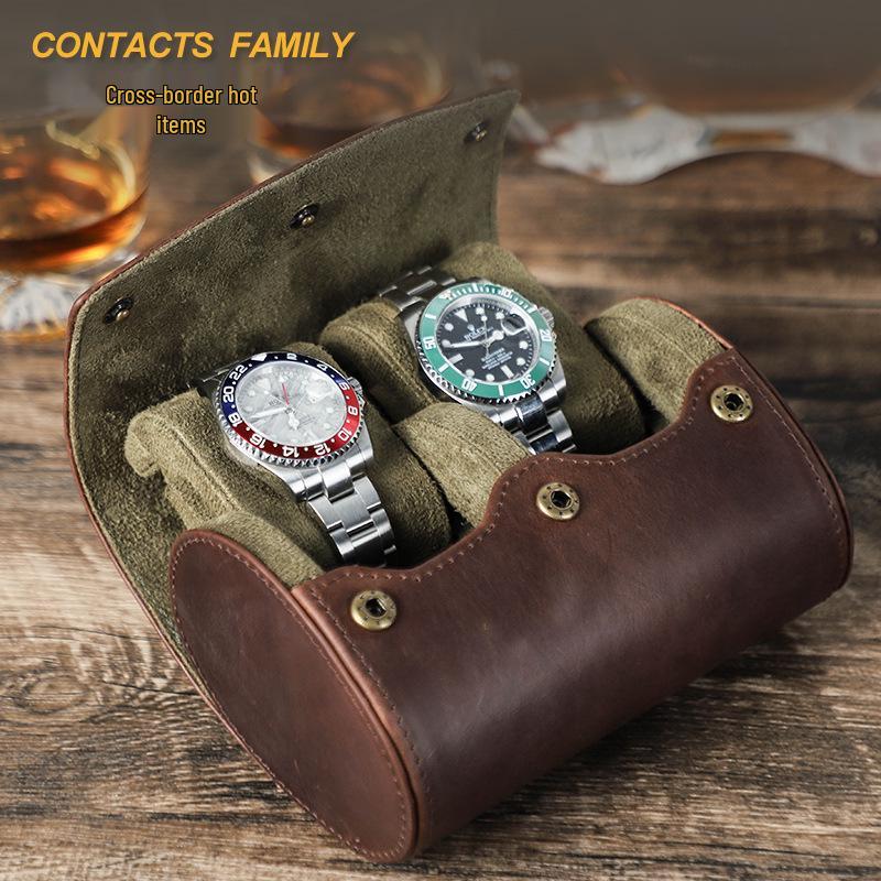 Vintage Crazy Horse Leather Watch Storage Box - Two-Piece Handmade Travel Case