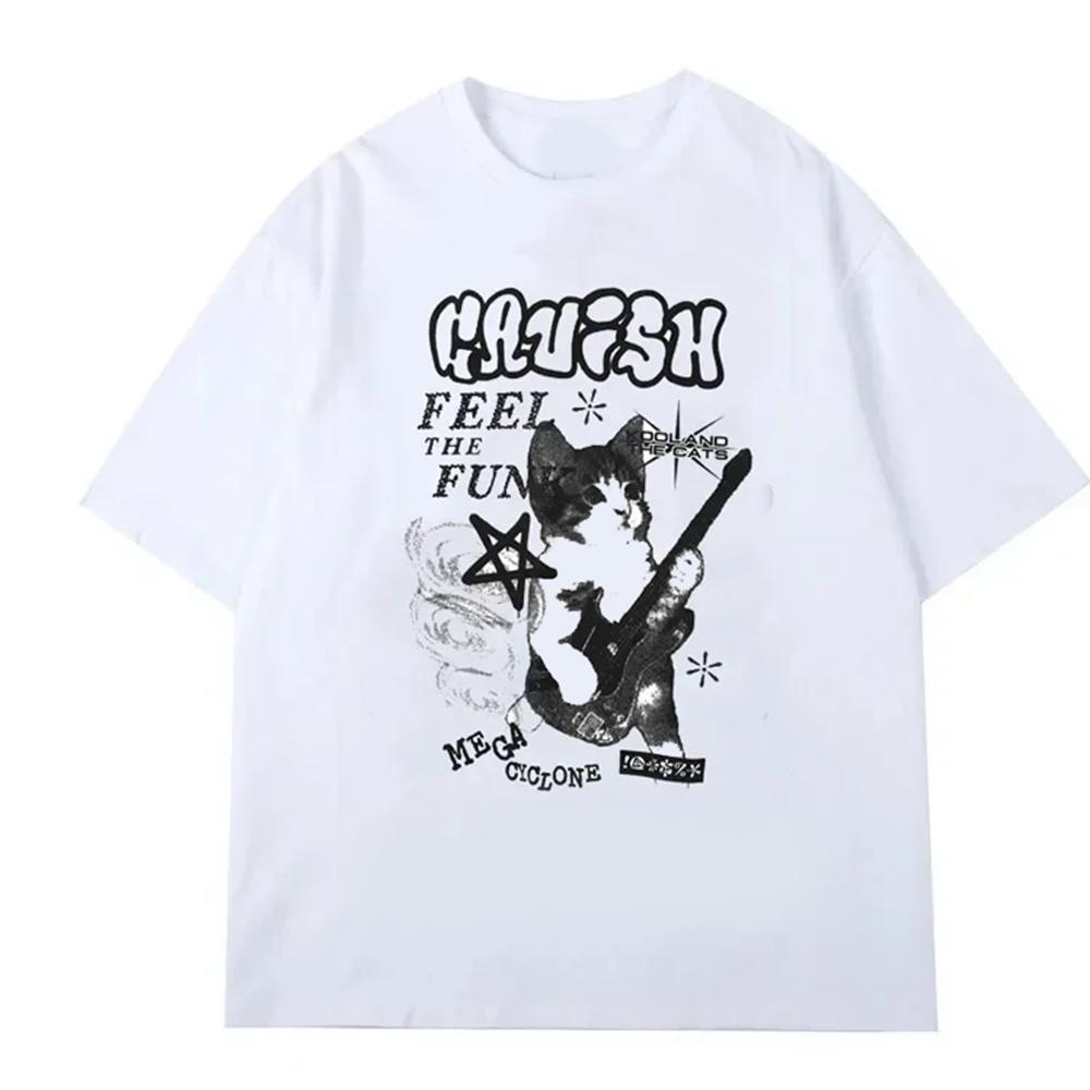 Rockabilly Shirt Vintage Washed Unisex Oversized American Cat Rock Streetwear Soft Cotton Short Sleeve Tee Gift Clothing Tops