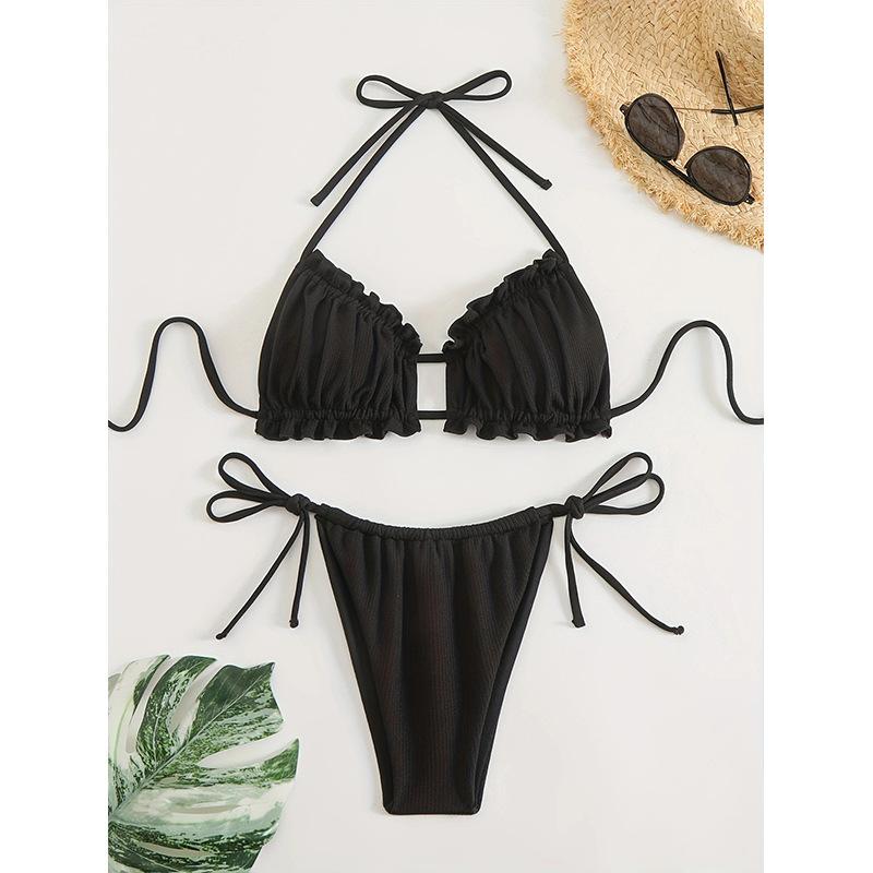 

New sexy swimsuit women s split triangle bag tether swimsuit high elastic solid color tube top bikini L чорний
