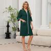 Women's Casual Zip-Up Robe with Three-Quarter Sleeves Knee Length Lightweight Loungewear with Pockets
