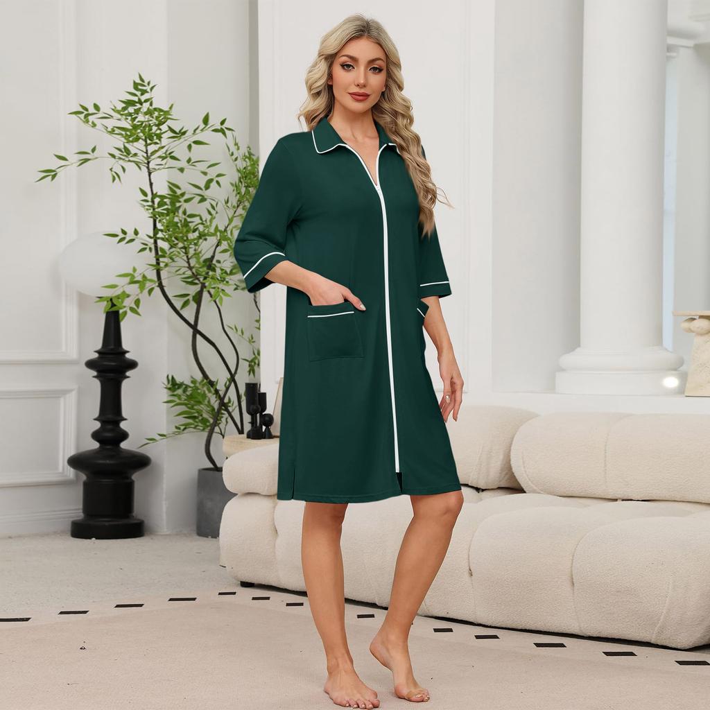 Women's Casual Zip-Up Robe with Three-Quarter Sleeves Knee Length Lightweight Loungewear with Pockets