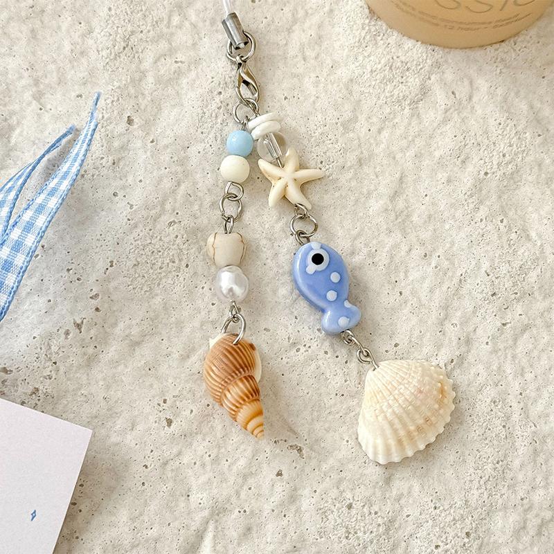 Stylish Shells And Pearls Pendant Keychain Ocean Pentagram Phone Strap Charm Cute Beaded Cell Phone Strap Bag Keychain