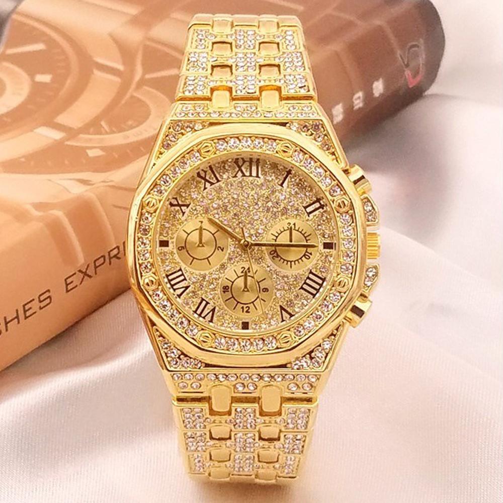 Reloj Hombre Ice Out Watches Luxury Business Yellow Gold Watches Men Full Rhinestone Quartz Wristwatches Male Clock