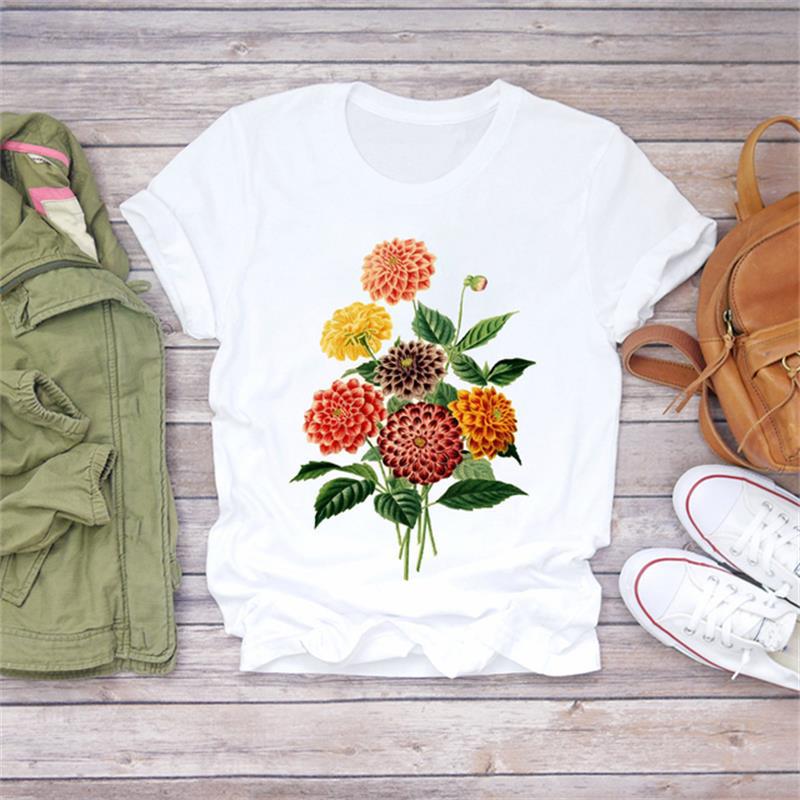 Casual Flower Graphics Women's T-Shirt 90S Summer Blouse Short Sleeves Tees Loose White O-Neck Shirts Female Tops Kpop Clothing