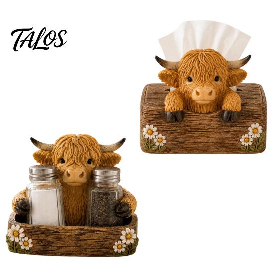 Decorative Tissue Holder Highland Cow Seasoning Bottle Holder/Tissue Box, Farmhouse Resin Storage Stylish Tabletop Organizer, Box for Kitchen