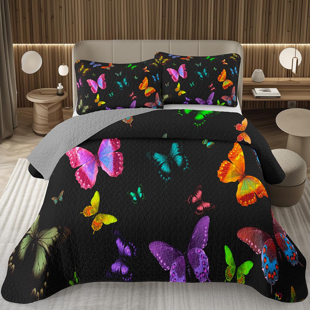Butterfly Bedspread Twin/Queen/King Watercolor Botanical Floral Coverlet Fantasy Style Bedding Set Reversible Quilted Bedspreads