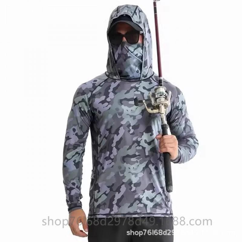 Mens Quick-Dry Ice Silk Long Sleeve UPF Sun Protection Hooded Fishing Shirt With Integrated Face Cover
