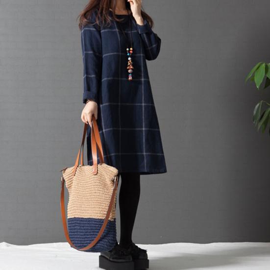 Women's Vintage Plaid Dress Casual Long Sleeve Cotton Linen Dress Fall Loose Fit Checkered Crew Neck Tunic Midi Dress