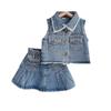 Ärmellose Jeansjacke und Faltenrock Zweiteiler-Set für Mädchen
