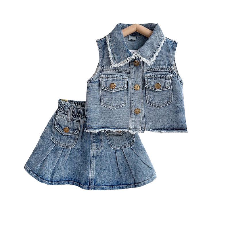 Ärmellose Jeansjacke und Faltenrock Zweiteiler-Set für Mädchen