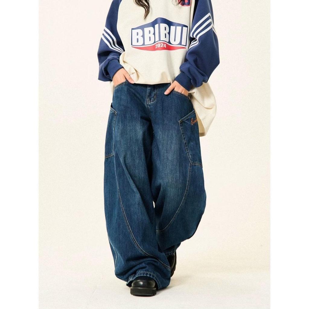 American Retro Street Style Wide Legged Dropped Crotch Distressed Curved Blade Design Jeans Loose Fit Trousers Casual Fashionable Pants