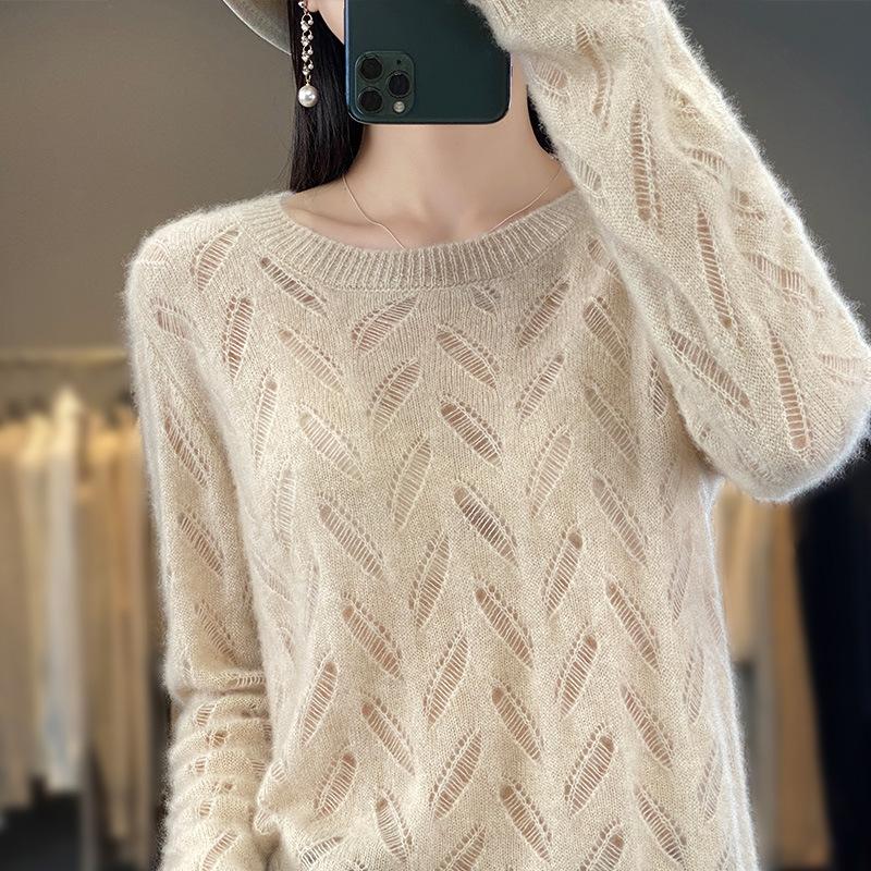 Pulover Larg Subțire Gol Primăvară Nou Culoare Solidă Mânecă Lungă Gât Rotund Larg Versatil Top