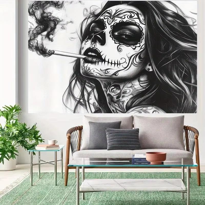 Day of the Dead Sugar Skull Woman Smoking Gothic Aesthetic Tapestry Room Decor with Floral Artistic Wall Art for Halloween 100X70CM