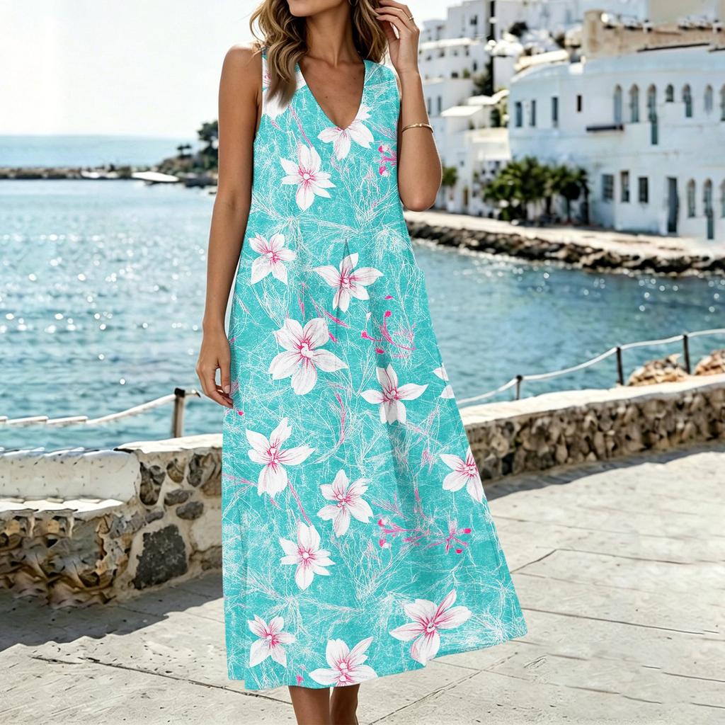 Women’s Sleeveless V Neck Midi Dress with Pockets Floral Print Cotton Linen Split Hem Casual Tank Style