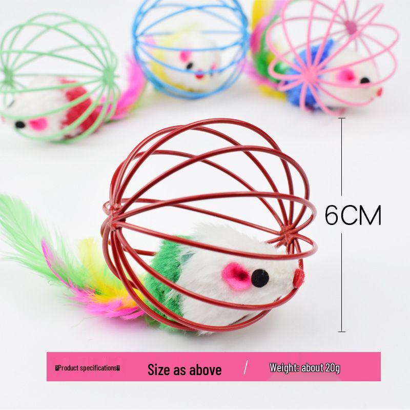 Colorful Feathered Wire Cage Mouse Cat Toy for Self-Entertainment