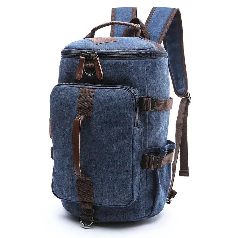 Men's Canvas Backpack Vertical Square Travel Canvas Bag Outdoor Large-capacity Cylinder Student School Bags