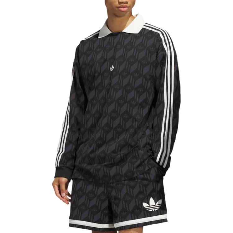 adidas Originals Striped Loose Long Sleeve Polo Shirt Unisex Tops Black JD5196