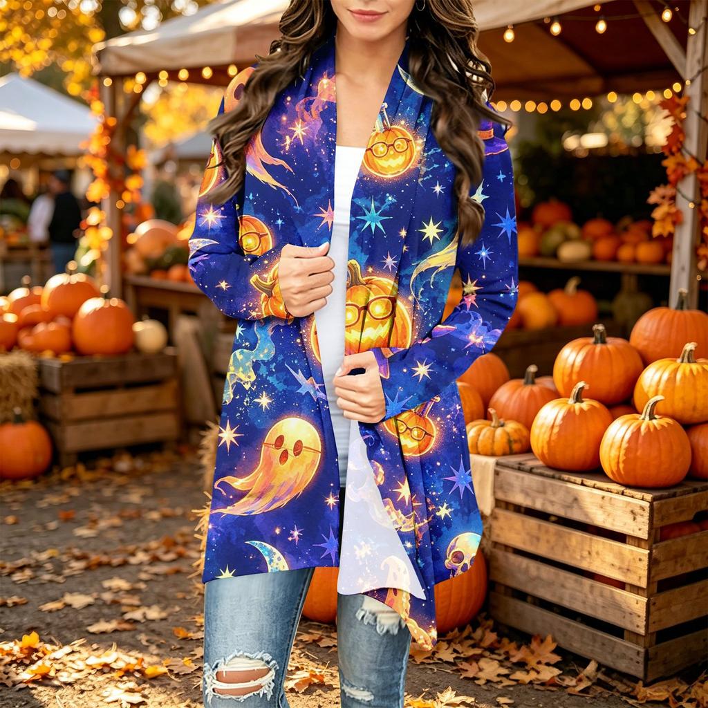 Damen Trendy Halloween-Print Langarm-Strickjacke Pullover für Lässige Herbstmode