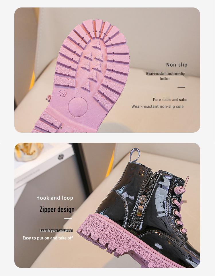 Girls' Patent Leather Ankle Boots - Autumn/Winter Plus Velvet, Zipper Design, Sequin Accents, Suitable for Middle To Big Kids and Babies