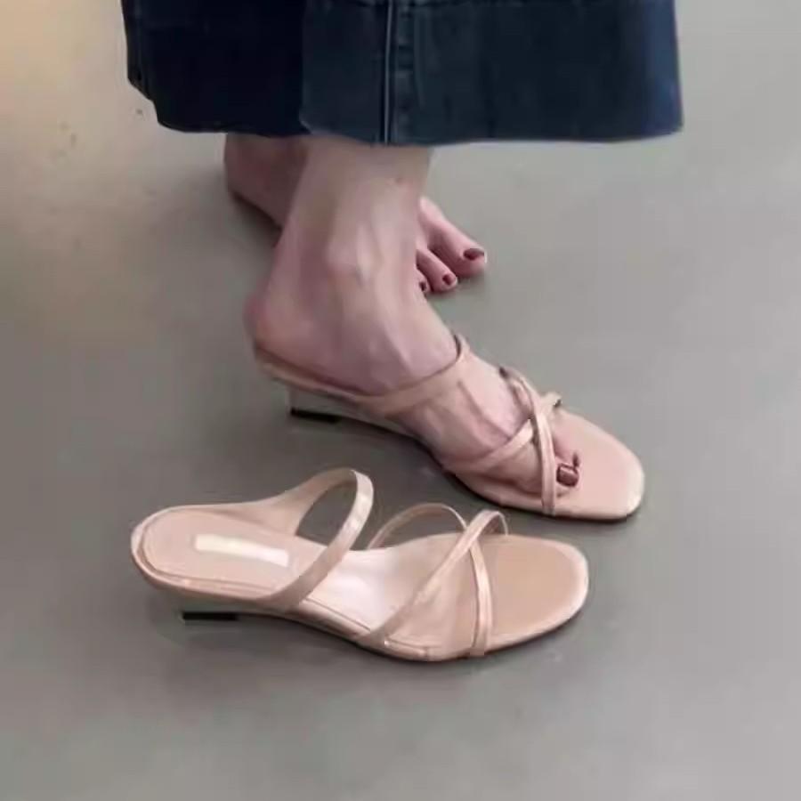 Sandale cu toc pantă blândă francez, cu papuci cool pentru exterior, cu degete deschise, temperament, cu toc înalt, femei