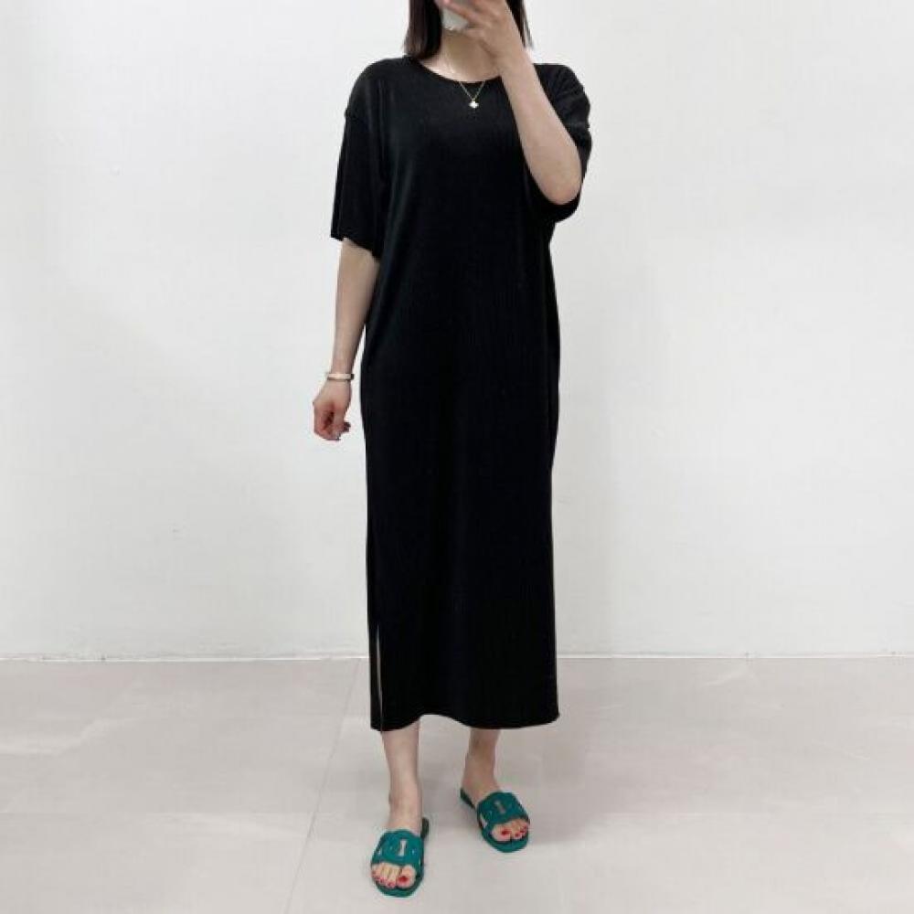 Mizqz Women Summer Pastel Ribbed Pleated Short Sleeve Long Dress Side Slit