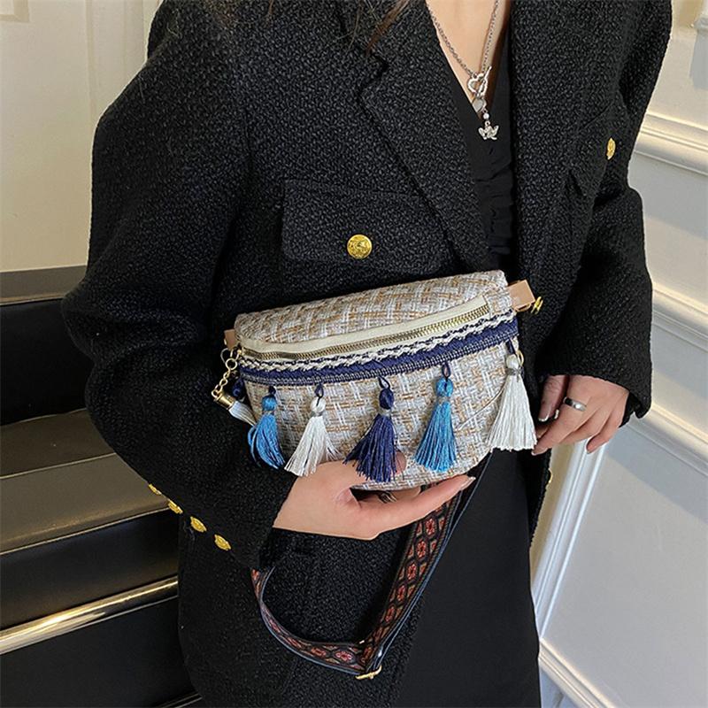 Weave Crossbody Bags Female Tassel Waist Bag Retro Leather Shoulder Packs