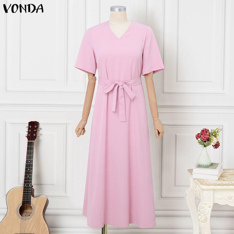 VONDA Summer Women Short Sleeve V Neck Solid Bandage Casual Long Maix Dress S светло-розовый